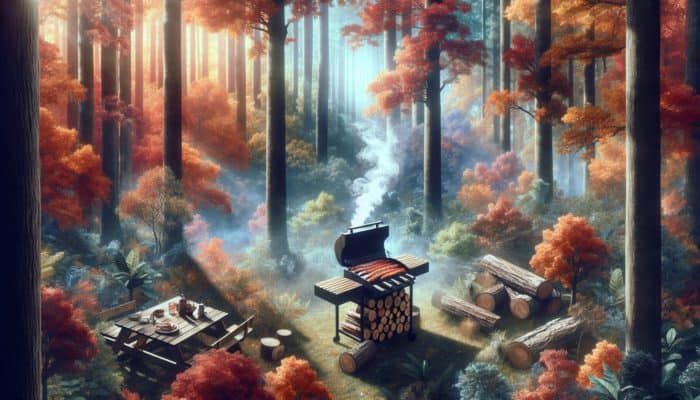 A forest in the Southeast US filled with vibrant autumn hickory trees and a rustic barbecue using hickory logs.