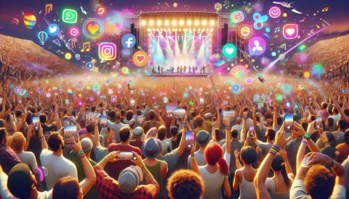 Attendees at a music festival utilising themed AR filters for colourful, animated selfies, enhancing social media engagement.