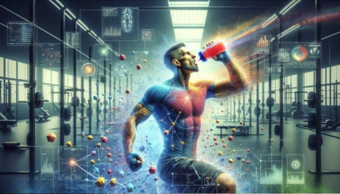 Athlete drinking energy-boosting pre-workout supplement, with bursts of energy and focus, in gym.