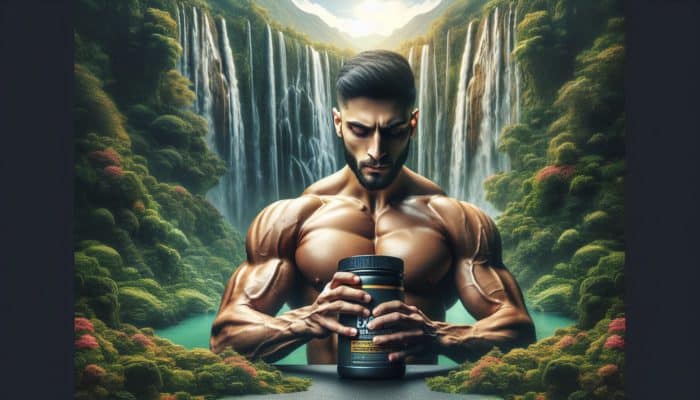 Athlete with pre-workout supplement in gym, surrounded by calming waterfall and greenery.