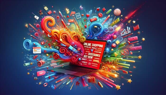 A laptop showcasing an online shopping page with product descriptions, "Buy Now" buttons, discounts, and customer reviews on a vibrant background.