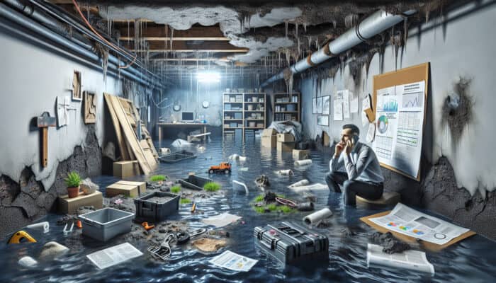 Urgent Drainage Repair Services in Vancouver: A flooded basement illustrating water seepage, mould growth, and a homeowner urgently seeking repairs due to structural damage.
