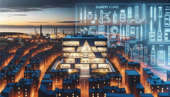 Aberdeen cityscape at dusk with a modern diabetes clinic, symbolizing hope in diabetes care.