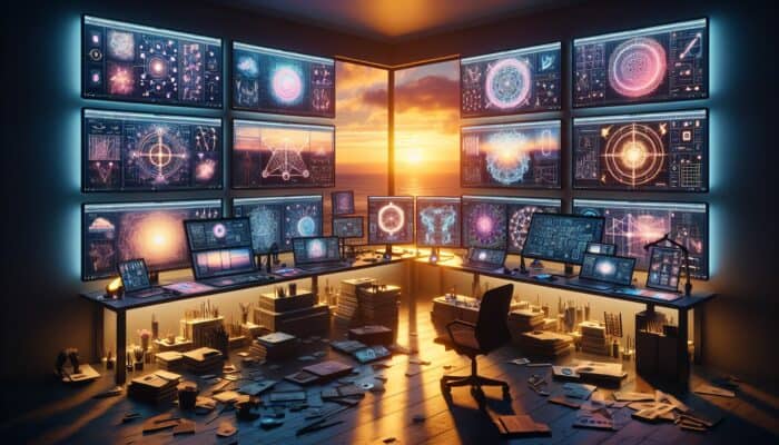 A digital artist's workspace with screens displaying niche video content, strategy charts, and creative tools during sunset.