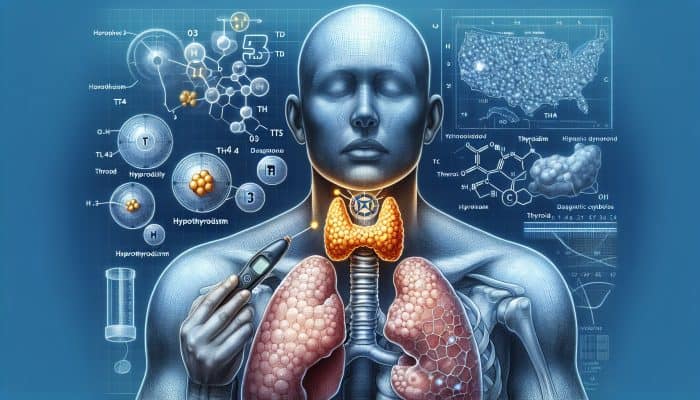 Thyroid Blood Test In Alnwick: Illustration of thyroid gland with T3, T4, TSH labels, diagnostic tools, and charts showing hypothyroidism and hyperthyroidism.