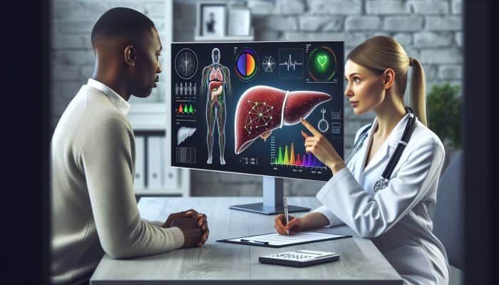 A doctor discussing liver health with a patient, pointing at digital test results on a screen in a clinic.