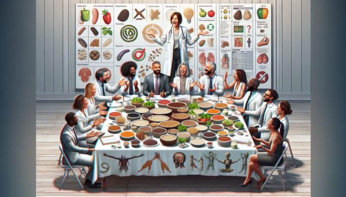 Nutrition experts discussing a table with tofu, lentils, quinoa, and various charts and graphs.