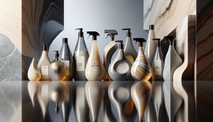 Bottles of premium pH-neutral stone floor cleaners from top UK brands on a marble countertop.