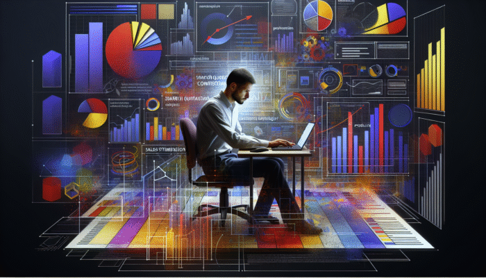 Utilising Content to Address Commercial Intent: A person analysing search query data on a computer, surrounded by marketing strategy documents and product images.