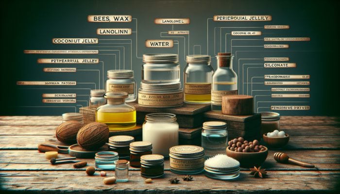 Still life of pomade ingredients in vintage glass jars on a rustic wooden table.