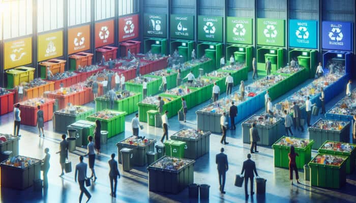 Best Bins for Waste Sorting in Clearances: People sorting waste into labelled bins for recycling in a modern facility, promoting sustainability.