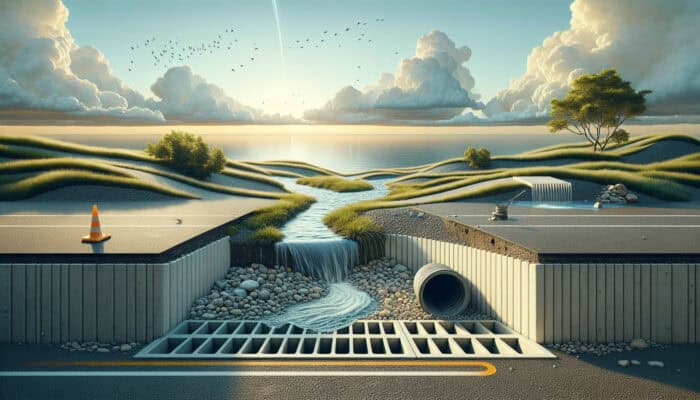 A tranquil landscape showcasing a French drain, a surface drain in a parking lot, and a dry well under a cloudy, rainy sky.