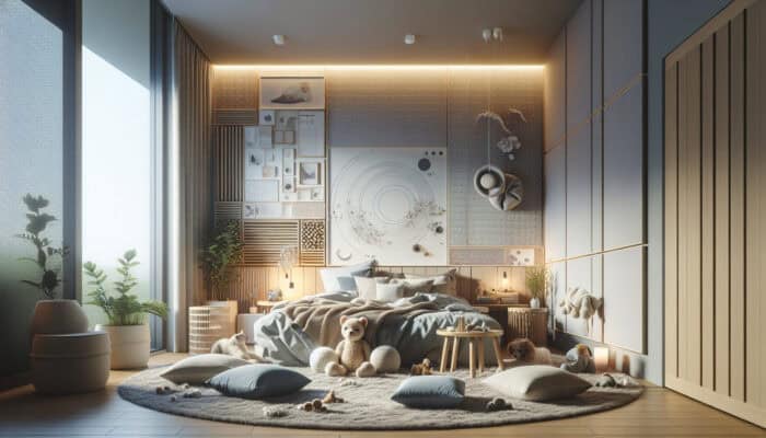 A serene bedroom corner for senior pets with soft bedding, comforting items, and soundproofing materials.