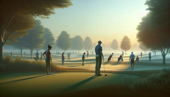 A serene golf course at dawn with new players learning etiquette; one waits while another prepares to swing.