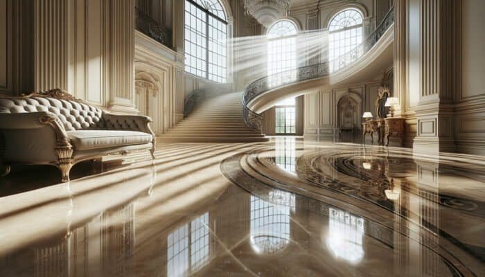 A sparkling travertine floor in a luxurious foyer, reflecting light and showcasing restored brilliance after cleaning.