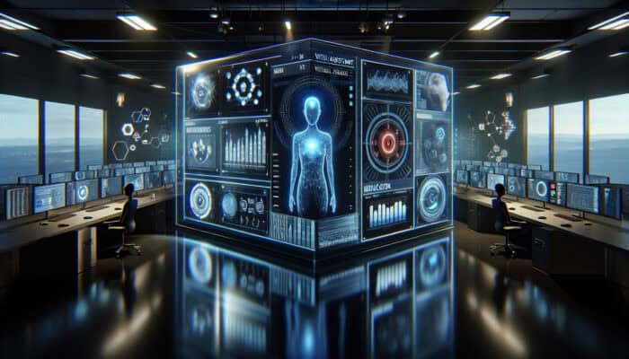 Energy Sector Human Virtual Assistants for Data Analysis: A futuristic virtual assistant interface on a high-tech screen with energy sector data visualisations in a modern control room.