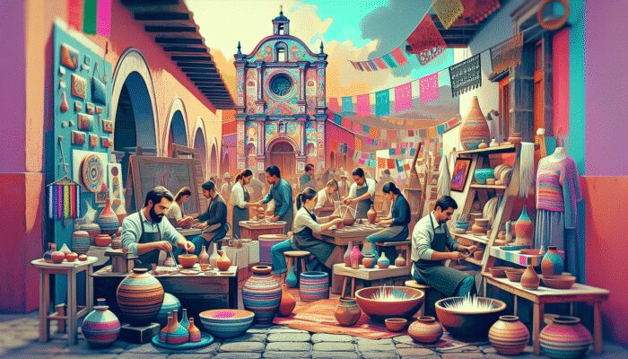 Artisans blending traditional Mexican crafts with modern design, using vibrant colours and innovative materials.