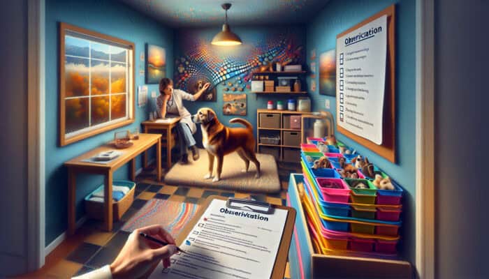 A pet owner organising medical records and observing their rescue dog's behaviour at home, with a vet's checklist.