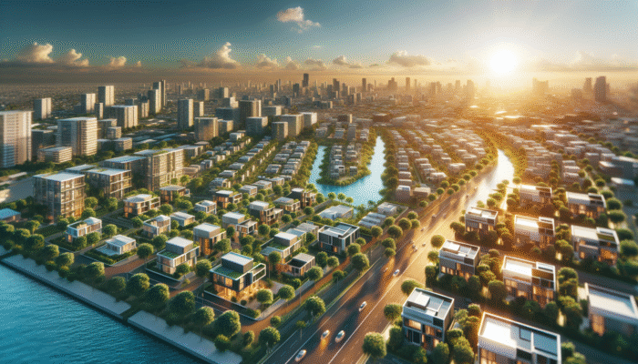 Aerial view of Kimberley highlighting entry-level properties, showcasing modern architecture and lush greenery under a sunset sky.