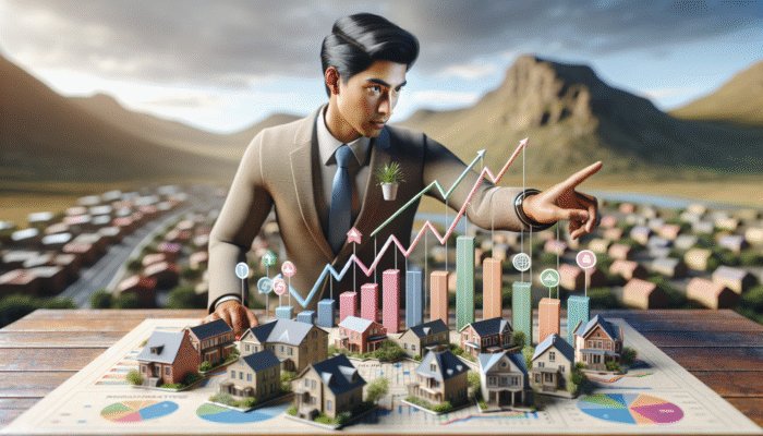 A Kimberley real estate expert analysing a map with market trend graphs, set against the Kimberley landscape.