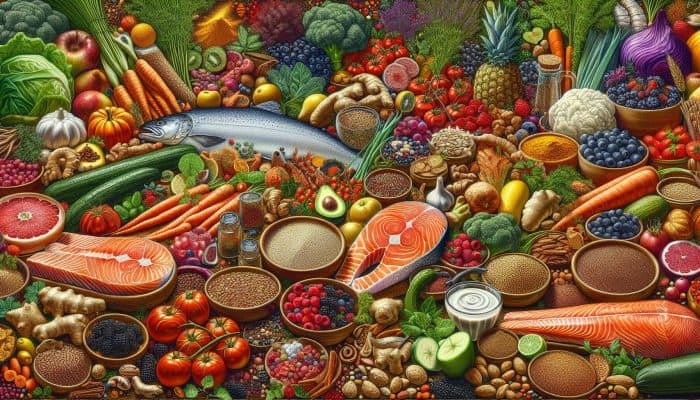 A kitchen counter in the UK filled with salmon, colourful vegetables, berries, quinoa, nuts, seeds, turmeric, and ginger.