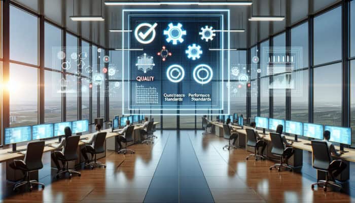 Sleek office with virtual assistants, digital screen showing quality standards, and performance graphs.