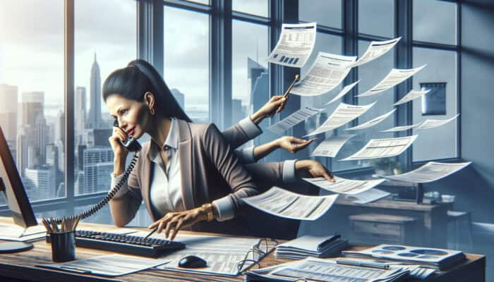 A real estate manager multitasking in a busy office with city skyline view.