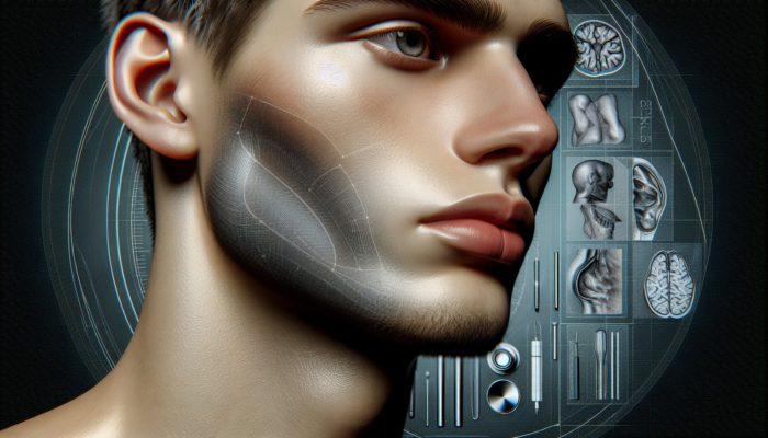 Portrait of person with defined jawline showing swelling and discoloration post contouring, clinical setting with medical tools.