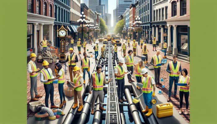 A dedicated team working on drainage systems in Gastown, Vancouver, with the iconic steam clock in the background.