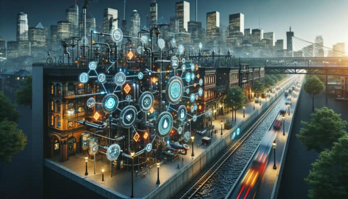 Modern urban drainage system in Gastown featuring smart sensors and IoT technology, displaying real-time data on screens.