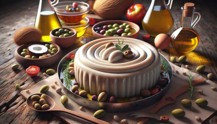 Vegan foie gras featuring coconut oil and olive oil on a rustic table, showcasing plant-based richness.