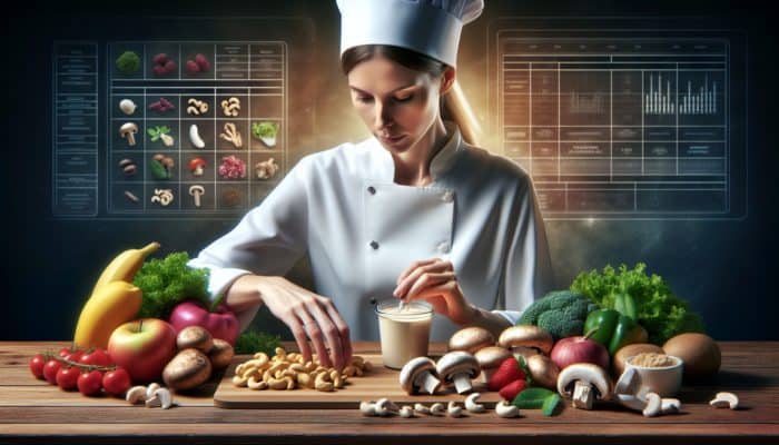 A vegan chef carefully selects cashews and mushrooms for foie gras, emphasising umami and nutrition, with local produce.