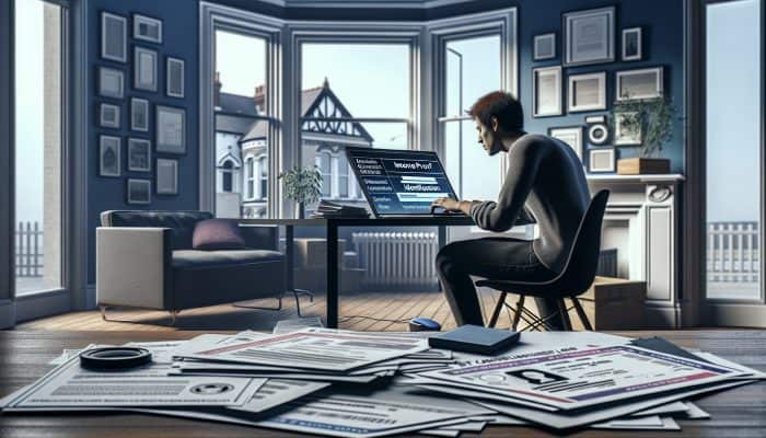 Person researching debt consolidation loans on laptop with documents and lender logos in UK home office.