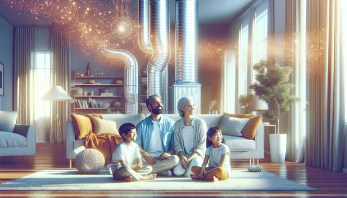 Duct Cleaning Services in New Westminster: Clean air ducts in a peaceful home, enhancing air quality and respiratory health, family breathing comfortably.