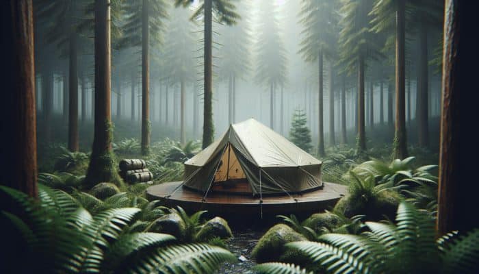A high-quality survival tent in a lush, humid forest, waterproof and ventilated, during light rain.
