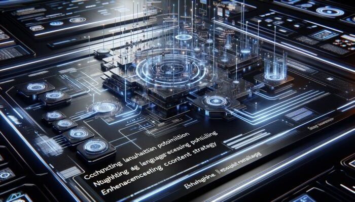 A futuristic digital interface with algorithms, SEO tools, and glowing neural networks representing Google's BERT.