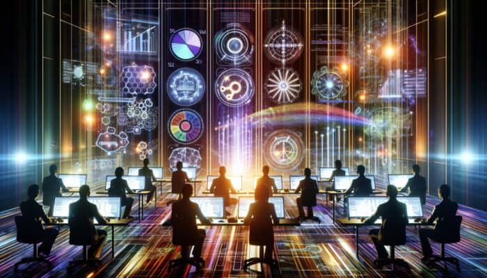 Team of SEO experts in a high-tech office analyzing data on screens with machine learning for trend prediction and keyword performance charts.