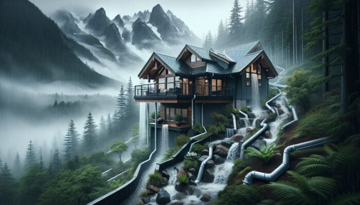 Crawl Space Drainage Services in Squamish: A rain-drenched property in Squamish, BC, with gutters and downspouts effectively channeling water away from the foundation amidst misty mountains.