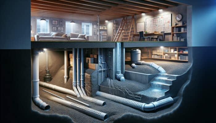 Cross-section of a residential crawl space illustrating gravel beds, perforated PVC pipes, and a sump pump effectively draining water under dim lighting.