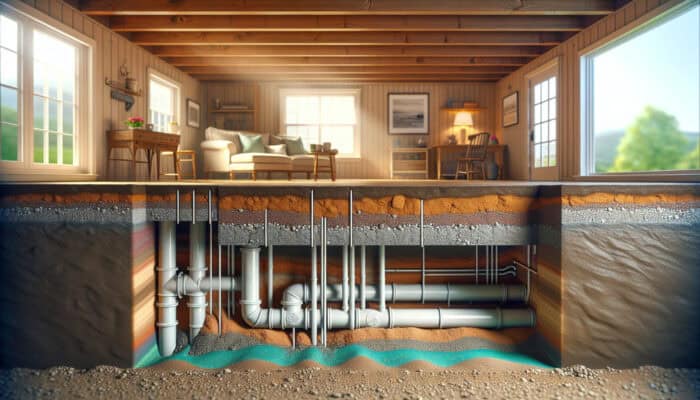 Cross-section of residential crawl space displaying drainage pipes diverting water, with clay soil retaining moisture and sandy soil allowing runoff under soft lighting.
