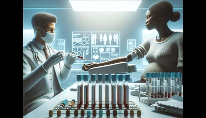 A nurse draws blood from a pregnant woman's arm in a clinic, with hCG-labeled test tubes on a tray under soft lighting.