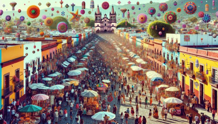 A vibrant San Miguel de Allende street during Día de los Muertos, crowded with tourists and markets selling traditional items at higher prices.