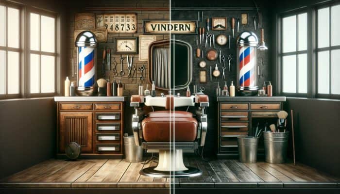 A vintage barber shop showcasing a classic pole next to a modern station, illustrating the evolution of barbering practices.