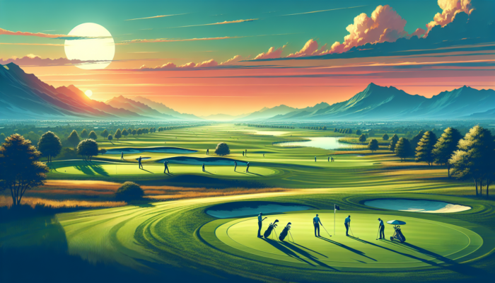 A serene golf course at sunset with expert golfers discussing strategies amidst lush greens and distant mountains.