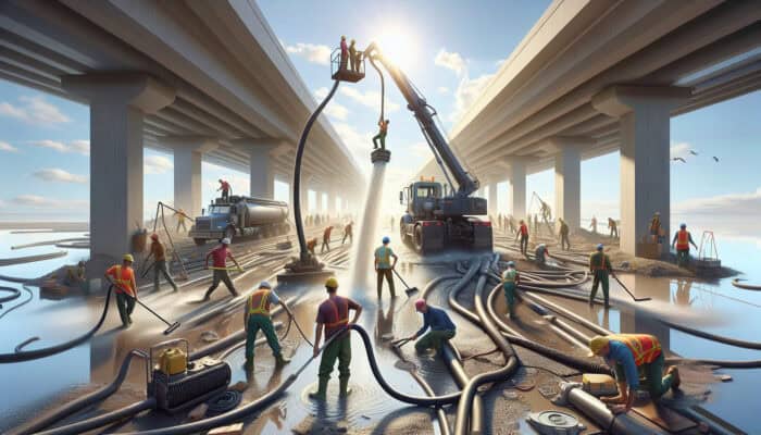 Workers at a construction site using pumps and wet vacuums to manage water accumulation and prevent flooding during clearance.
