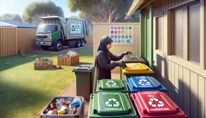 A person sorting shed waste into bins for recycling, landfill, and donation, with a waste removal truck and council guidelines in a suburban yard.