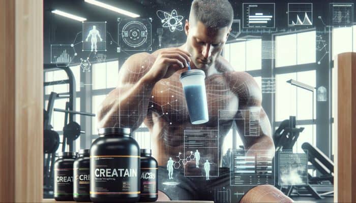 A muscular athlete drinking a protein shake post-workout in a gym, with creatine and BCAAs nearby.