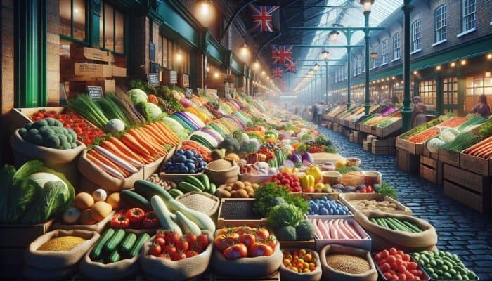 A vibrant UK farmers' market displaying fresh seasonal vegetables, whole grains, and lean proteins on wooden stalls, juxtaposed with enticing processed foods in the background.