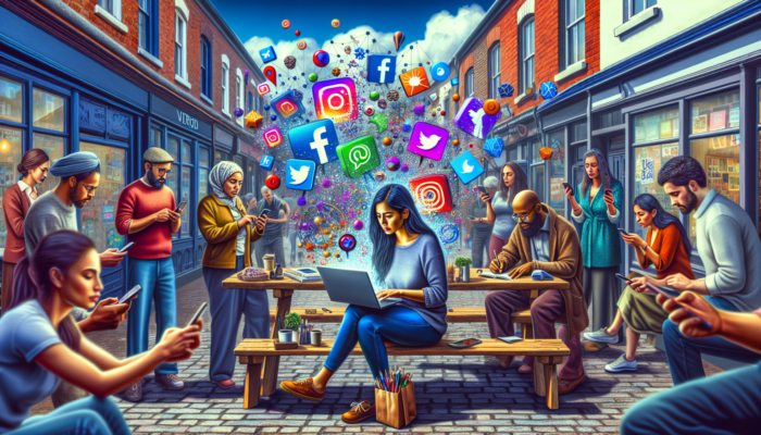 Social Media Management in Verwood for Small Businesses: A vibrant scene depicting a small business owner using a laptop, surrounded by Facebook, Instagram, and Twitter icons, as locals engage on their devices.