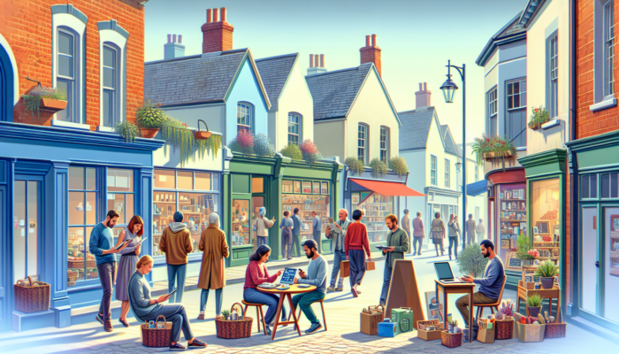 Small business owners in Verwood actively engaging with social media on devices outside charming shops, attracting a diverse array of customers under a clear blue sky.